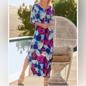 NWT Soft Surroundings Serena Maxi Dress M Slit Floral Resort Bold Retro Bright
